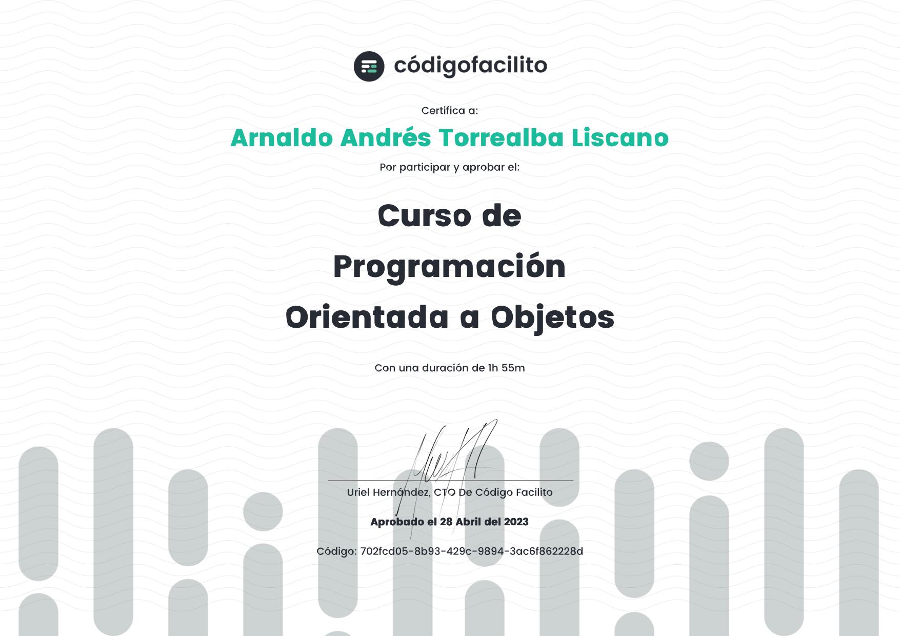 Certificate awarded to Arnaldo Torrealba for having passed the Object Oriented Programming course.